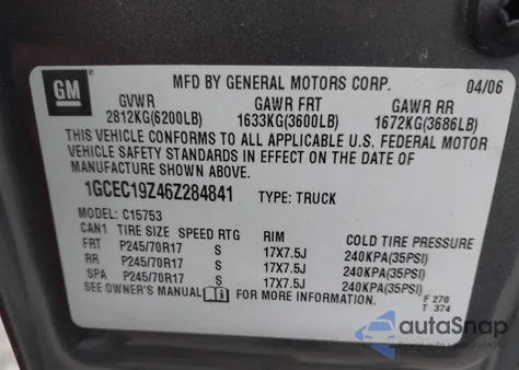 2006 Chevrolet Silverado 1500 Lt1 из США, поврежденный, VIN 1GCEC19Z46Z284841